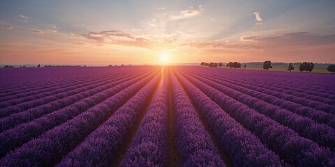 Naklejka premium Drone shot of a vast lavender field with surrounding trees during sunset, suitable for background use