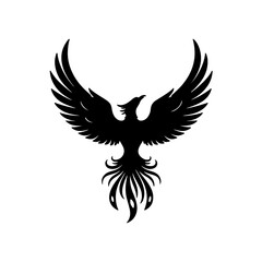 Obraz premium A powerful black silhouette illustration of a phoenix rising with widespread wings isolated on transparent background