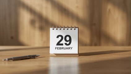 White wooden calendar with 29 February marked, used as a date-keeping tool on a textured wood desk in an office setting