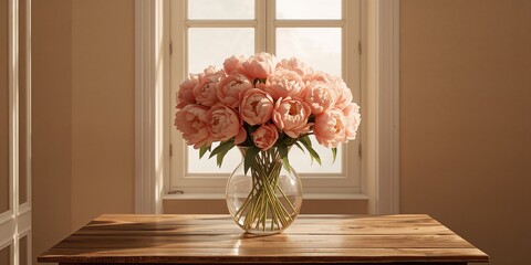 Peony flowers in a glass vase resting on a table, ideal for floral display layouts