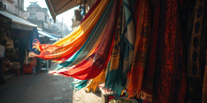 Vibrant cashmere scarves hanging in a market setting in Kathmandu, Nepal, showcasing regional textile production
