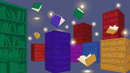 Vibrant book stacks and floating books create a dynamic scene, celebrating the joy of reading and