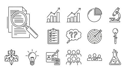Line Art Icon Set Representing Business Analysis Strategy and Scientific Research Tools