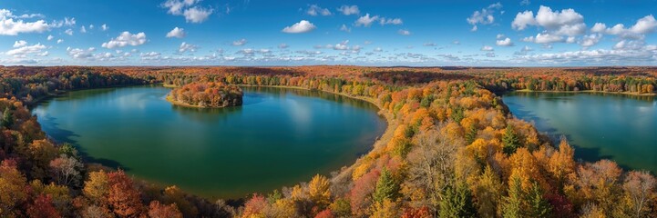 High-angle view of a tranquil green lake surrounded by colorful forest, seasonal change, Earth Day