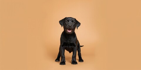 Small black Labrador puppy resting on a warm tan background, suitable for pet care or veterinary brochure design