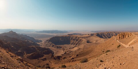 Landscape overlooking the Ramon Crater from Mount Ardon, highlighting natural landform formations in a desert setting