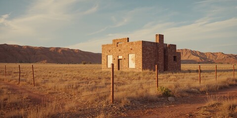 Old desert dwelling with crumbling structure and sparse vegetation, highlighting erosion and climate challenges