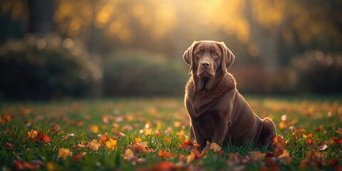 Brown dog Labrador Retriever in a floral autumn landscape, focusing on seasonal preservation