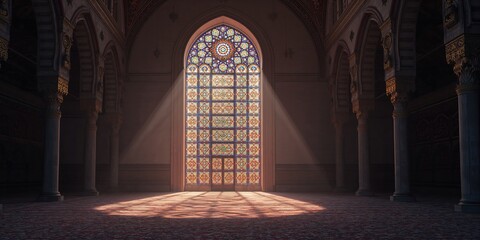 Stained glass mosque window with vibrant Islamic geometric patterns, emphasizing decorative craftsmanship