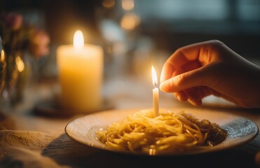 Candlelight dinner concept with spaghetti and warm glow