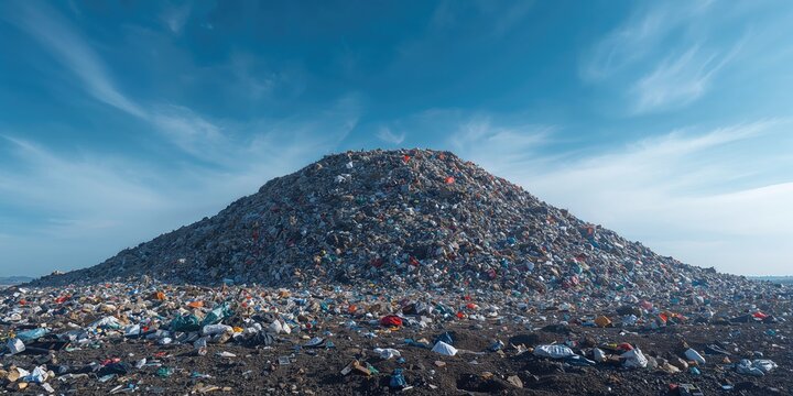 Large garbage dump with a hill of waste under a clear blue sky, environmental pollution awareness