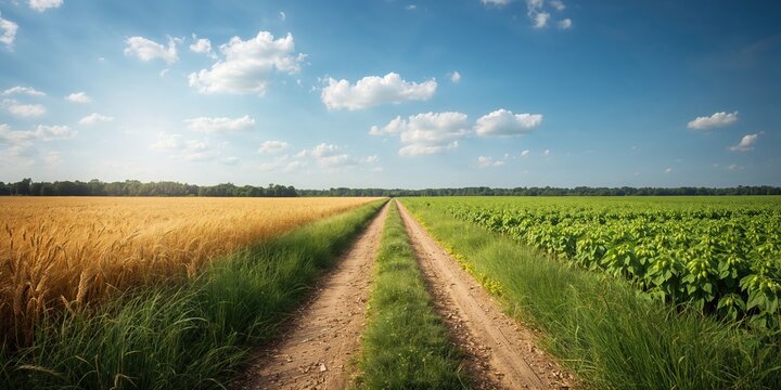 Dirt road flanked by wheat and hops fields in early summer, supporting agriculture for brewing ingredients