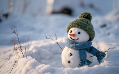 Obraz premium A charming snowman stands in a snowy landscape wearing a hat and scarf
