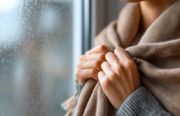 Woman holding warm scarf near rainy window in cozy light