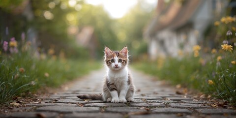 Fototapeta premium Small kitten outside in village, rural outdoor environment
