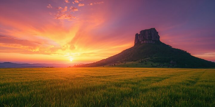 Sunset illuminates a karst landscape with dramatic sky, highlighting geological formations
