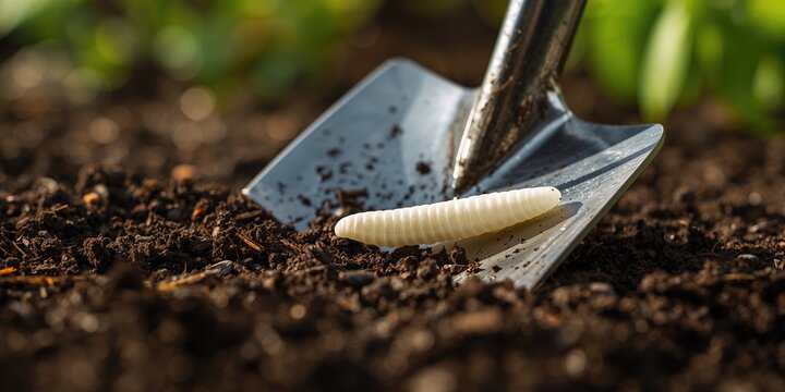 Close-up of a grub worm on soil surface in nature, soil health and insect activity