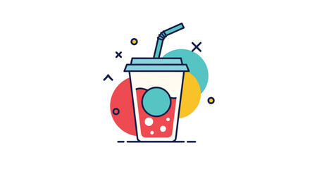 Modern flat line icon of a soda or soft drink in a disposable cup with a lid and straw against a colorful background.