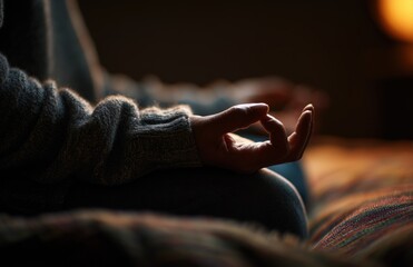 Meditating in cozy sweater during calm evening light