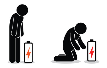 Stick figures showing low energy and a depleted battery icon