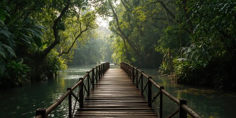 Bridge over a river in a Balinese jungle, eco-architecture for sustainable tourism