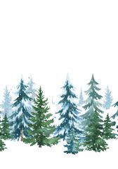 Fototapeta premium detailed watercolor border of frosted pine and fir trees in deep green and icy blue, scattered snowflakes, against white background with copy space. concept for holiday graphic asset