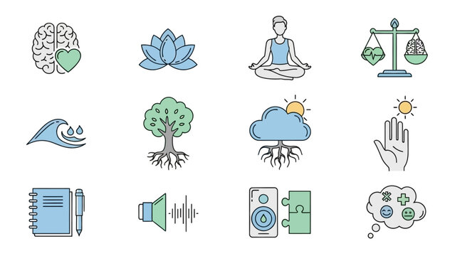 Collection of wellness icons representing emotional, physical, and mental health balance