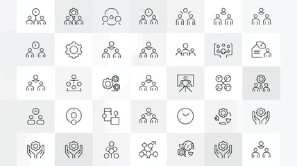 Modern collection of clean vector line icons representing business organization, team hierarchy, management, and collaborative process structures