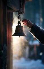 Reaching to Ring Church Bell on Snowy Morning