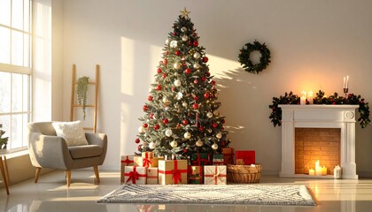 Festive chrismas tree with gift boxes in living room box