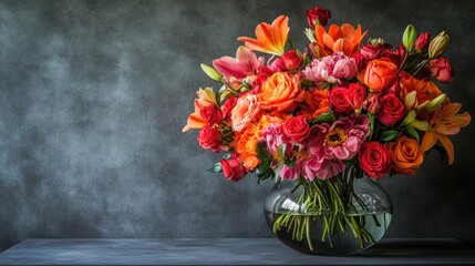 Vibrant flower bouquet in glass vase dark background