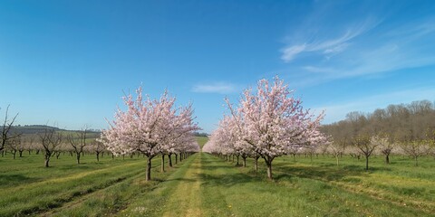 Fototapeta premium Early spring orchard scene with blossoming trees and bright blue sky, highlighting seasonal growth and agricultural activity