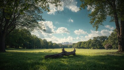 Tree branch snapped in a lush city park with grass and forest, highlighting urban nature conservation