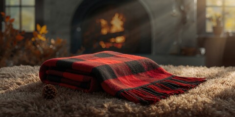 Check-patterned wool blanket folded on a bed, seasonal warmth and comfort
