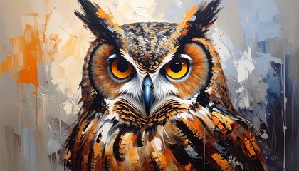A close-up view of an owl with bright orange eyes, set against a blurred background in vibrant colors