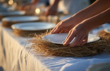 Placing Plate on Straw Nest for Holiday Dinner