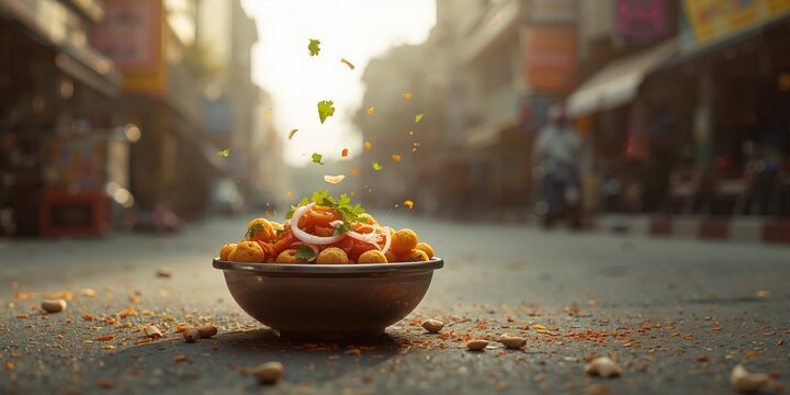 Indian Bhelpuri Chaat, a popular roadside snack presented in a bowl or plate, emphasizing street cuisine