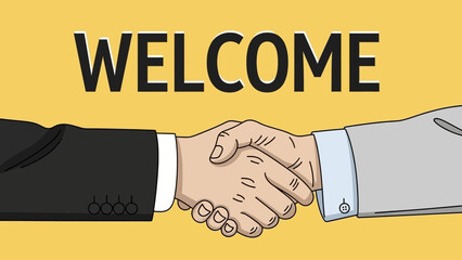 Warm welcome graphic illustration featuring a handshake and a message on an ochre backdrop