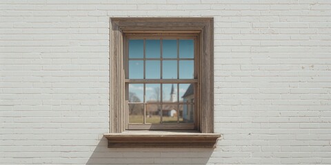 Obraz premium Weathered wooden window frame with peeling paint on white brick wall, ideal for rustic decor