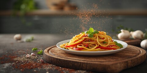A plate of vegetarian fried spaghetti presented on a cutting board, plant-based cooking, World Vegetarian Day