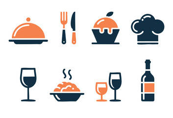 A collection of food and dining related icons featuring restaurant, cooking, and beverage symbols