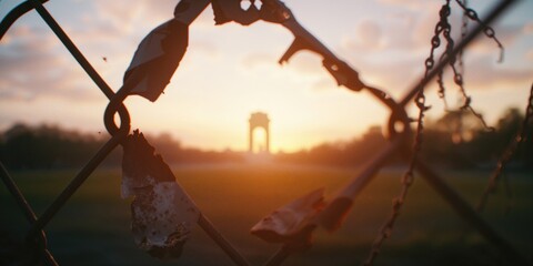 Sunrise over a scenic landmark viewed from a balcony, warm natural lighting for editorial header background