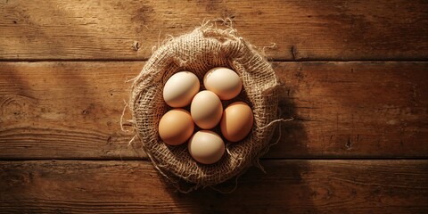 Fresh chicken eggs resting on aged wood, highlighting farm-fresh produce for breakfast dishes, World Egg Day