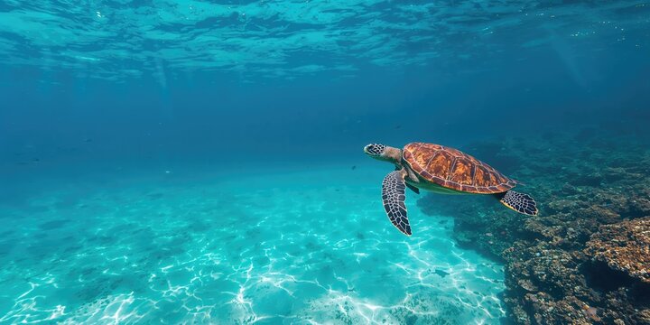 Sea turtle swimming in clear ocean water, marine biodiversity conservation, Earth Day