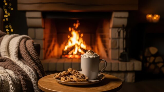 Cozy fireside scene with warm drink and treats on a table