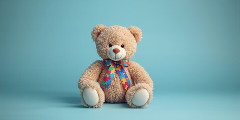 Soft teddy bear adorned with a puzzle-piece ribbon on a peaceful blue backdrop, symbolizing World Autism Day
