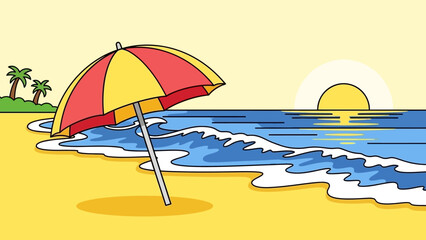 Cartoon beach scenery with umbrella, ocean waves, sunset and palm trees
