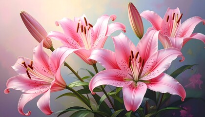 A close-up view of vibrant pink lilies in full bloom with unopened buds, set against a soft, pastel-colored background