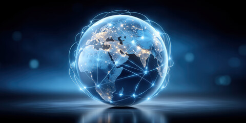 Stable global network connecting cities with glowing lines and financial hubs illuminated