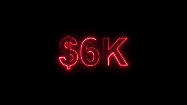 Neon line bright 6k followers isolated red color animation on black background. Vibrant neon shiny 6k text red color animation digits for high-resolution. 